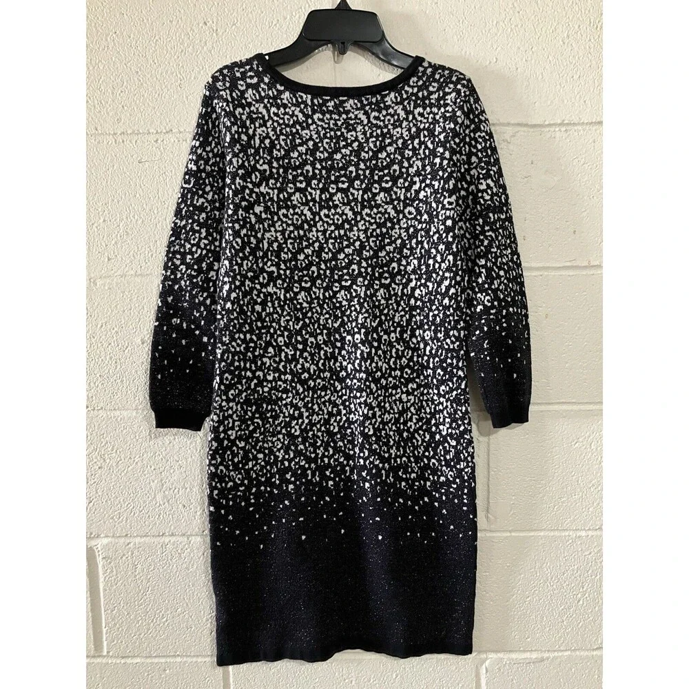 Attention Womens Size M Black White Knit Metallic Sheath Dress Long Sleeves